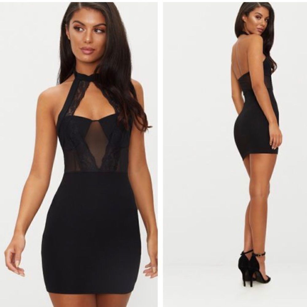 NWT-Black Lace Trim High Neck Sheer Top Bodycon Dress